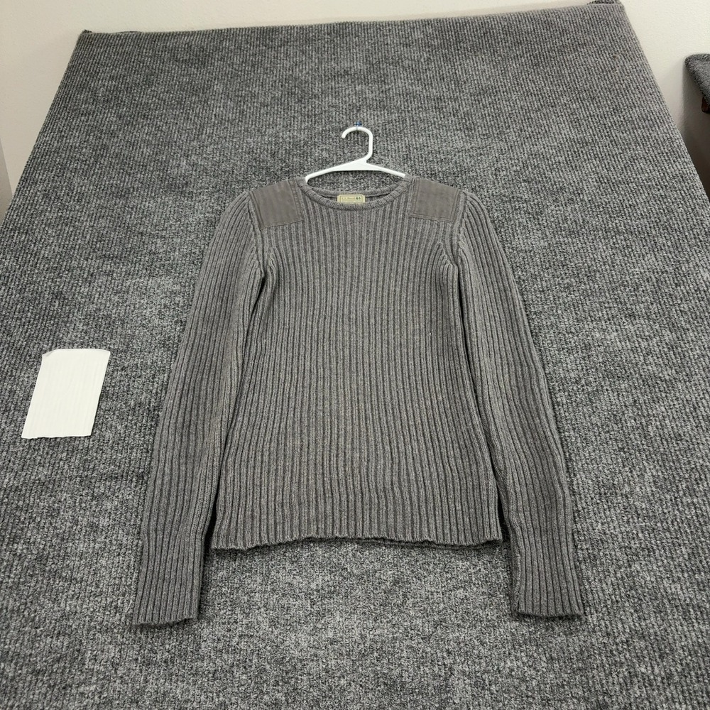 LL Bean Sweater Mens S Gray Merino Wool Ribbed Commando Elbow Patch Gorpcore